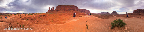 MONUMENT VALLEY, AZ - JUNE 30, 2019: Tourists visit beautiful landscape at sunset - Panoramic view