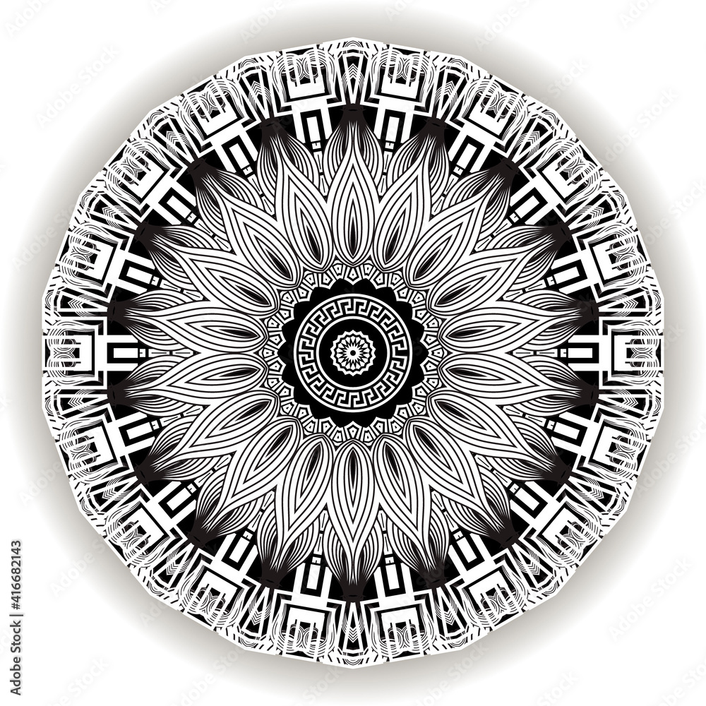 Floral black and white mandala pattern. Vector ornamental background. Decorative tribal ethnic backdrop. Greek line art tracery ornaments. Abstract round flower with lines, greek key, meanders, frame
