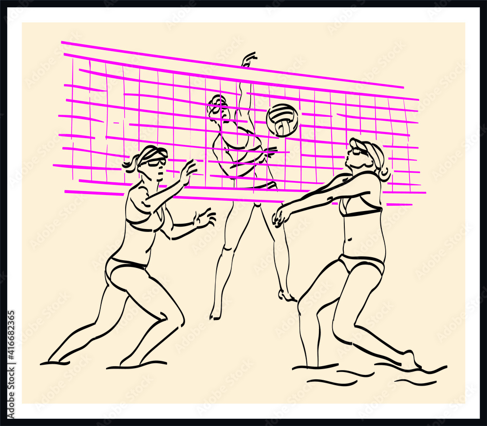 Beach volleyball sketch drawing. Vector poster. Living room poster, wall decoration poster 