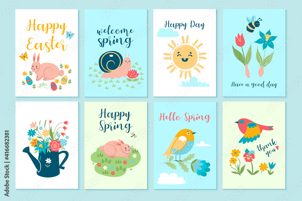 Set of cute spring cards. Vector graphics.