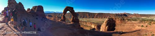 MOAB, UT - JULY 2, 2019: Amazing Delicate Arch in Arches National Park, Utah - Panoramic view