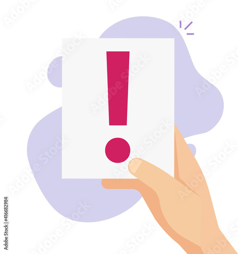 Urgent caution announcement message in person hand or censored rude control exclamation mark vector flat cartoon illustration, attention important information notice, complaint idea