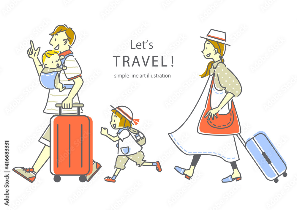 楽しそうに旅行する4人家族のシンプルでおしゃれな線画イラスト素材 三色 肌色あり Stock Illustration Adobe Stock