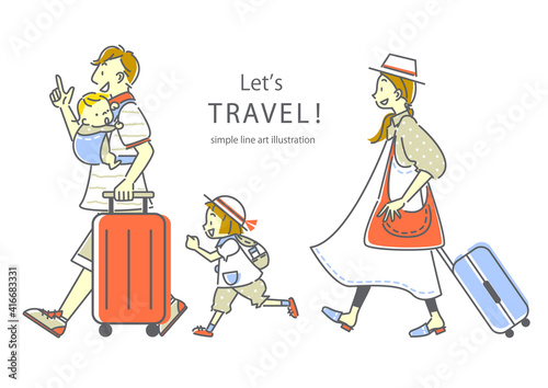 楽しそうに旅行する4人家族のシンプルでおしゃれな線画イラスト素材 三色 肌色あり Stock Illustration Adobe Stock