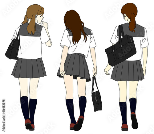 セーラー服姿の後ろ向きの女子高校生の3人組イラスト