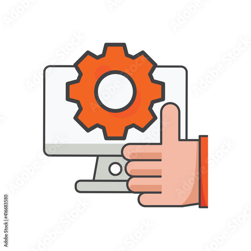 thumbs up on computer with setting icon. computer setting illustration. Flat vector icon. can use for, icon design element,ui, web, mobile app.