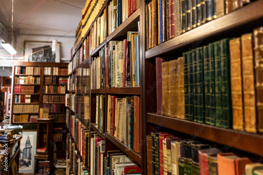 old library shelves with books
old library shelves with books