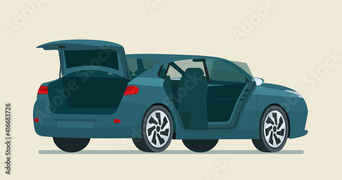 Sedan car with open trunk and door. Vector flat style illustration.