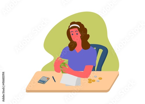 Woman counting money. Simple flat illustration.
