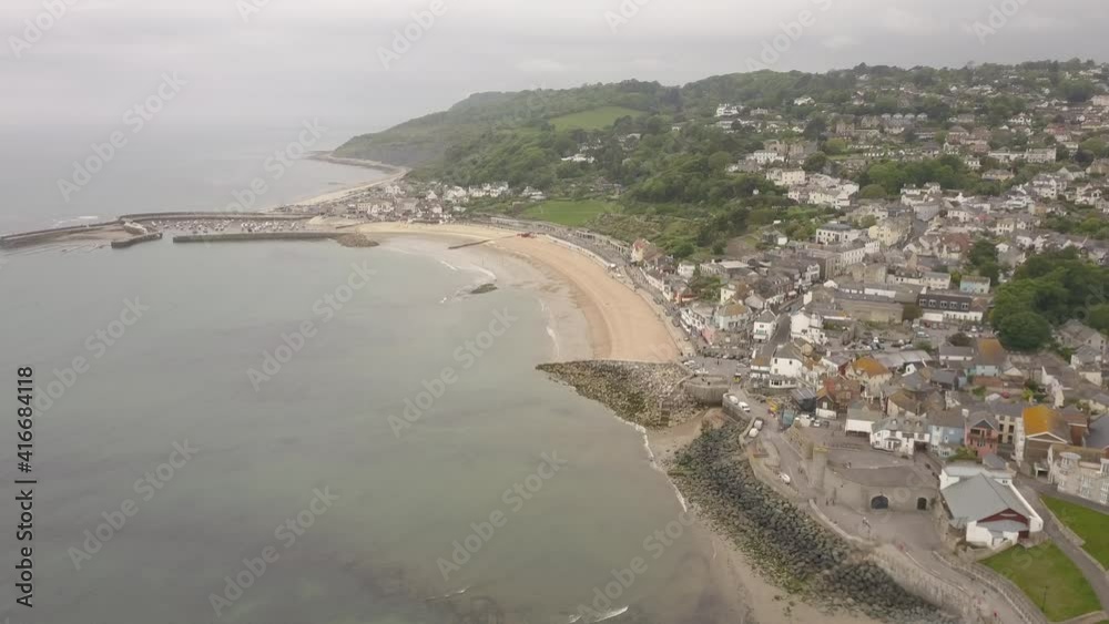 High angle overview of Lyme Regis beach and town High angle overview of Lyme Regis beach and town