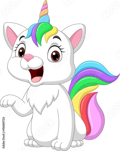 Cartoon happy unicorn cat on white background
