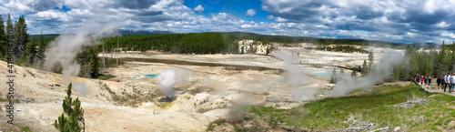 YELLOWSTONE, MONTANA - JULY 10, 2019: Tourists visit the famous geysers and pools on a beautiful summer day - Panoramic view