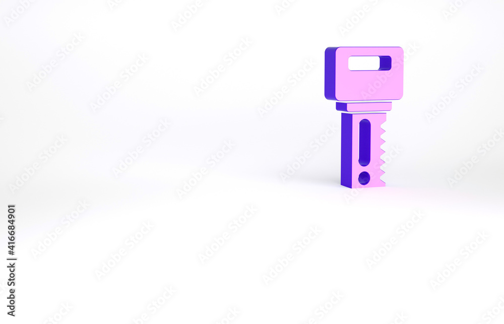 Purple Car key with remote icon isolated on white background. Car key and alarm system. Minimalism concept. 3d illustration 3D render.