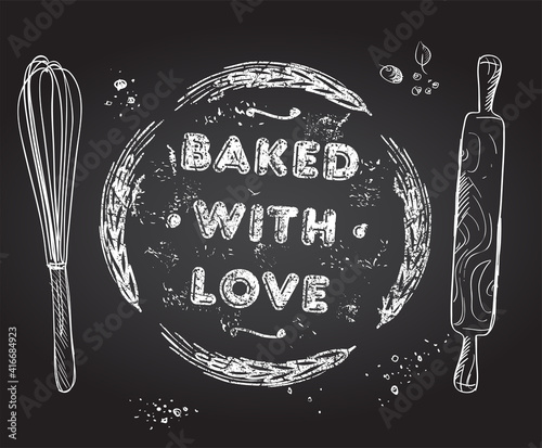 Baked with love rubber stamp imprint on a chalkboard