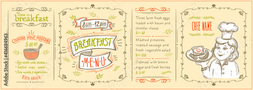Breakfast menu list with graphic chef cook cartoon portrait
