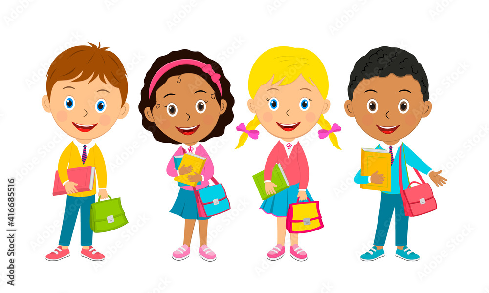 cute cartoon kids stand with books and bags cute cartoon kids stand with books and bags