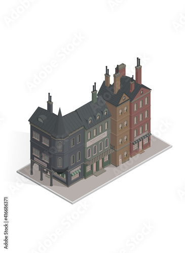 Set of vector isometric gothic houses in a row. Vector illustration of vintage living block. London fairy buildings. Victorian, gloomy, dark and old style. City element. Street buildings.