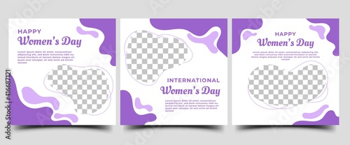 Social media post template set for international women's day. Purple color scheme banner. Flat design vector with a photo collage. Usable for social media, flyers, banners, and web internet.