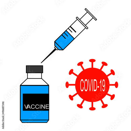 Vaccine coronavirus, covid-19 Medicine bottle and hypodermic syringe injection tool treatment on white background, symbol, illustration graphic text vector