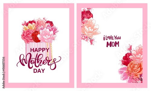 Happy Mother's Day Greeting Card. Composition with lettering and flowers, tulips, roses.