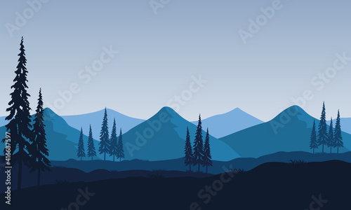 Beautiful morning view with mountains and pine trees around it. Vector illustration