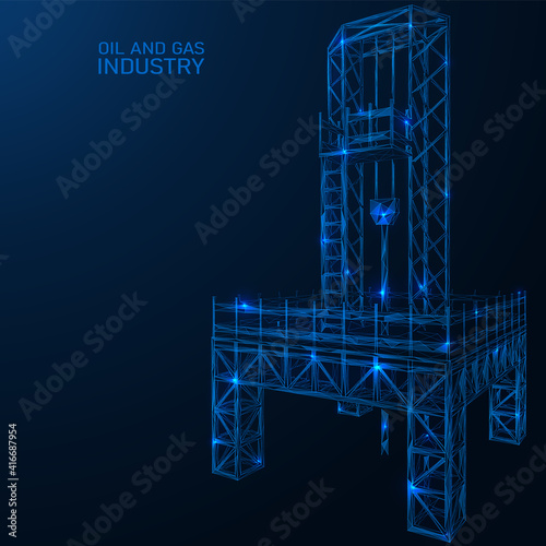 Oil and gas drilling rig. Polygonal construction of concatenated lines and points. Blue background.