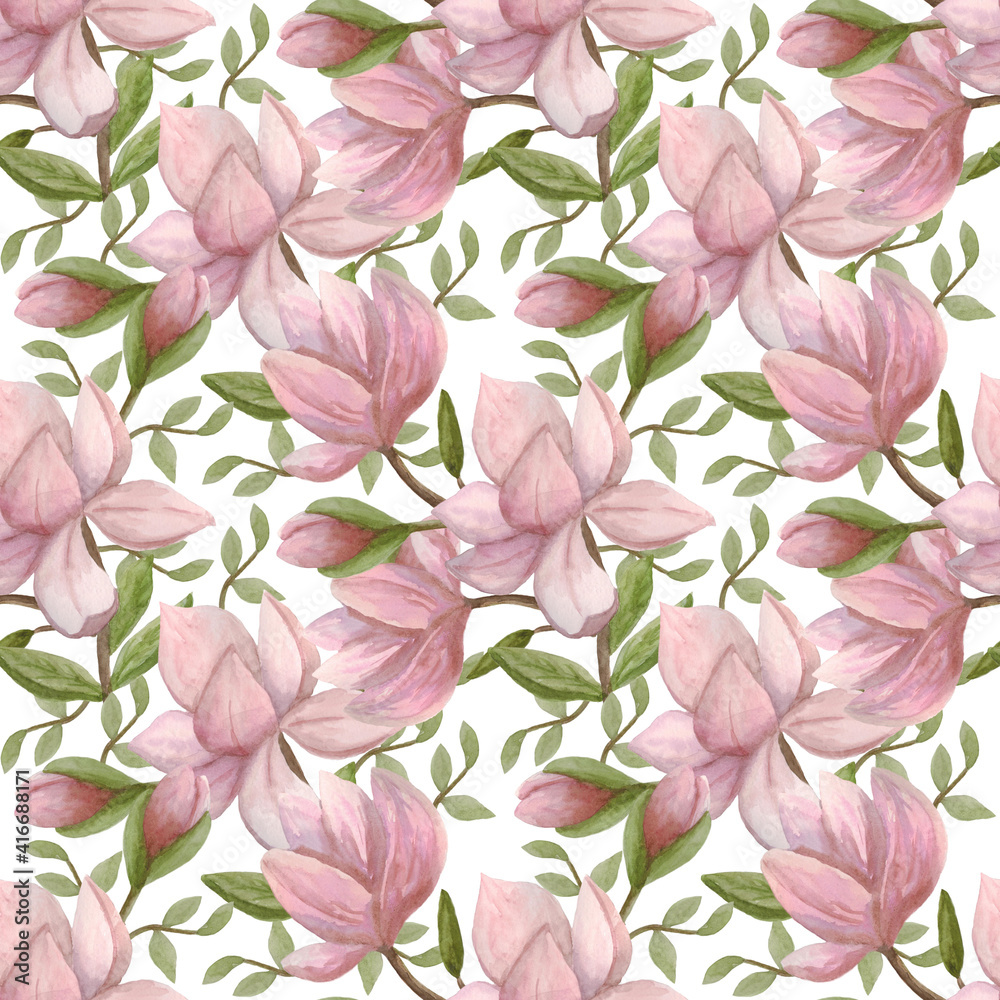Seamless pattern with flowers and leaves of magnolia on a white background. The illustration is drawn in watercolor by hand. Can be used for fabric, postcards, pretty wrappers, wrapping paper.