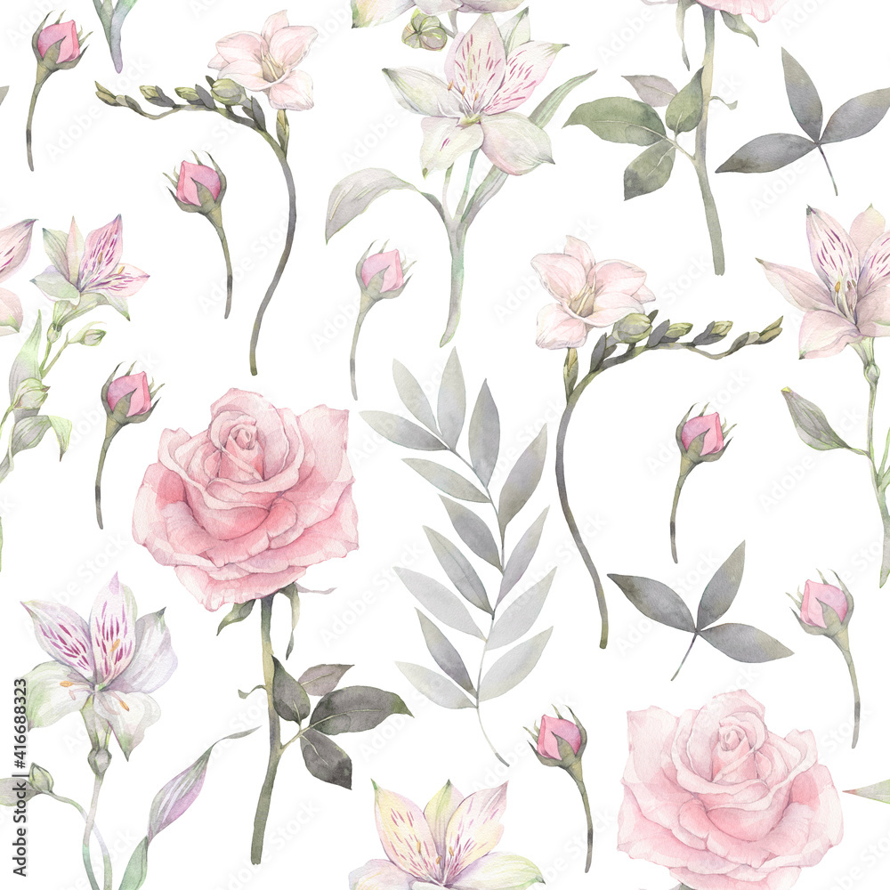 Floral seamless pattern of tender white and pink flowers. Hand drawn watercolor illustration. 