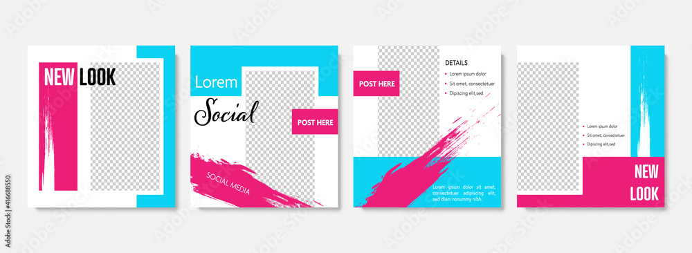 Set of editable social media post templates, abstract brush design with mageta and blue color pallete accent. Modern business banner graphics for online advert or fb and instagram	
