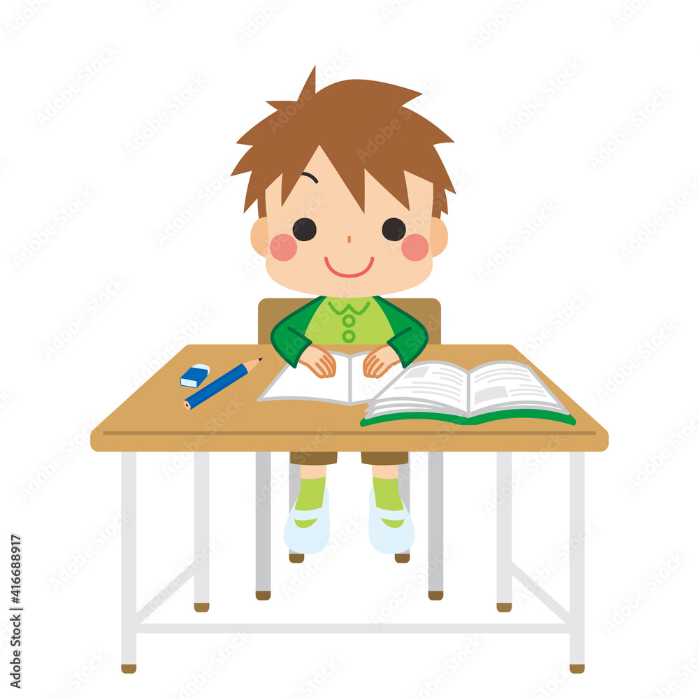 教室の机と椅子にきちんと座って学校の授業を受ける可愛い小学生の男の子のイラスト