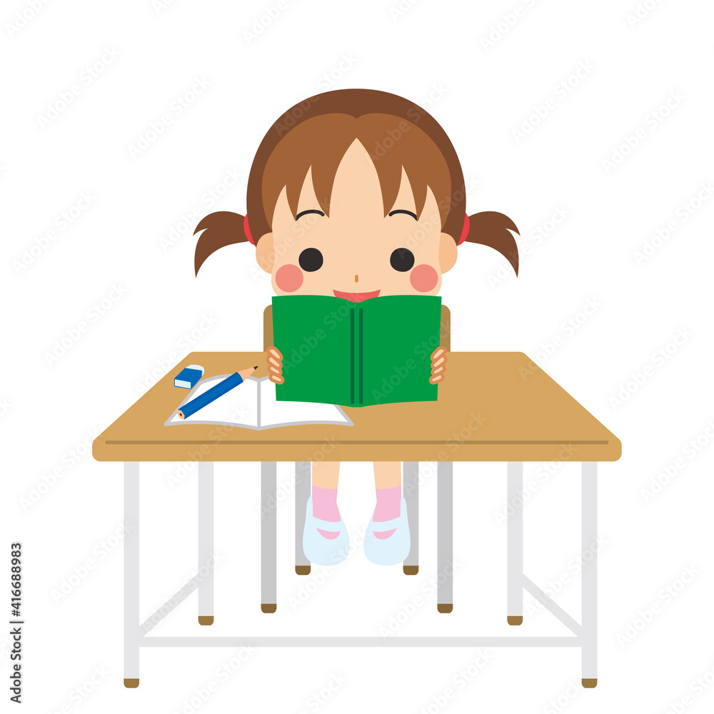 授業中に本読みをする可愛い小学生の女の子のイラスト