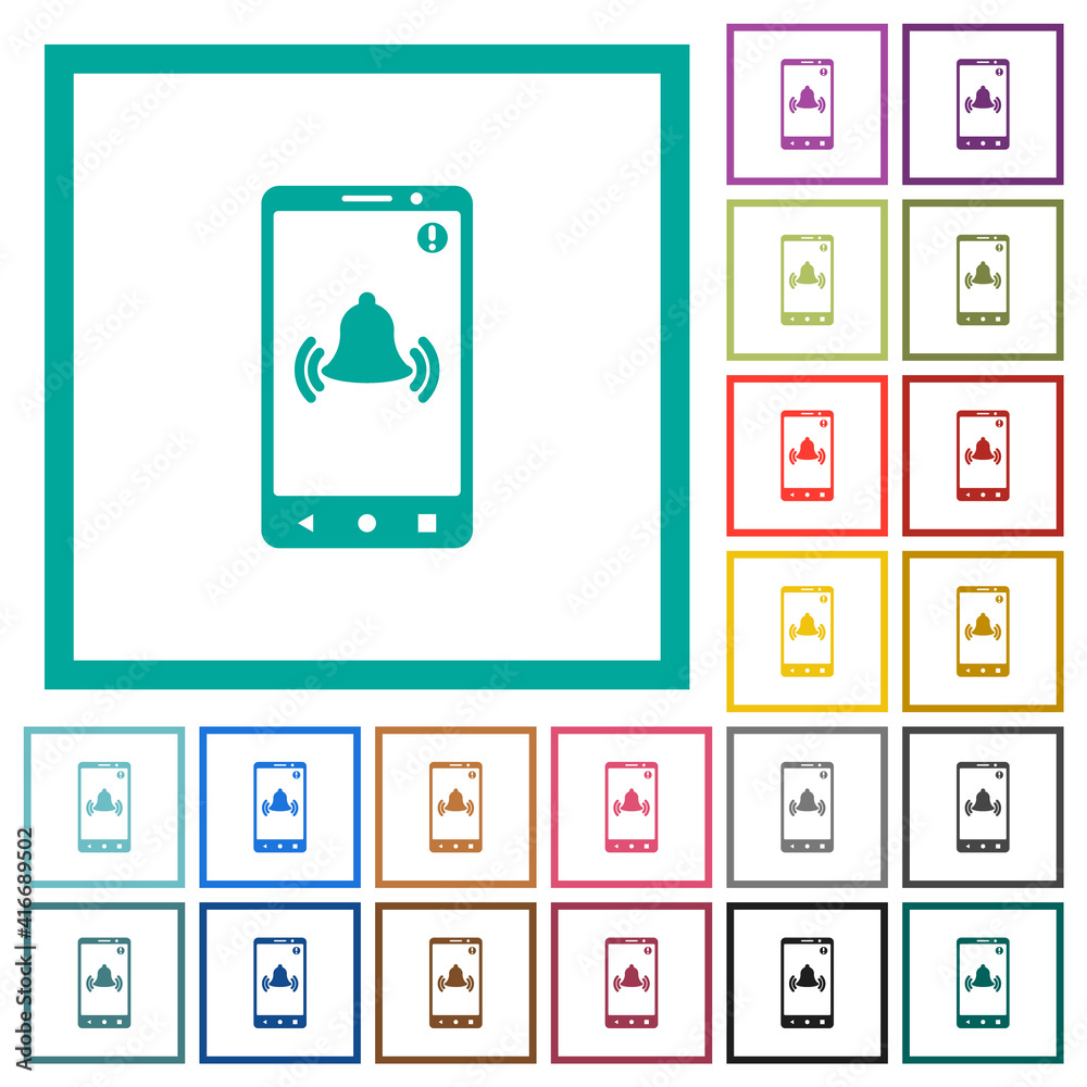 Mobile push notification flat color icons with quadrant frames