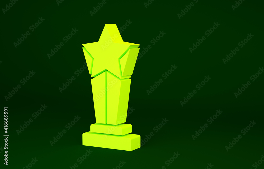 Yellow Award cup icon isolated on green background. Winner trophy symbol. Championship or competition trophy. Sports achievement sign. Minimalism concept. 3d illustration 3D render. Yellow Award cup icon isolated on green background. Winner trophy symbol. Championship or competition trophy. Sports achievement sign. Minimalism concept. 3d illustration 3D render.