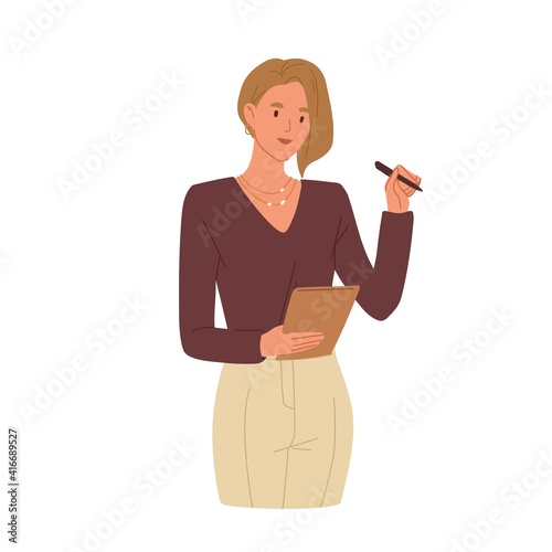Young smiling woman taking notes. Secretary writing down tasks in notepad. Colored flat vector illustration of businesswoman with planner and pen isolated on white background
