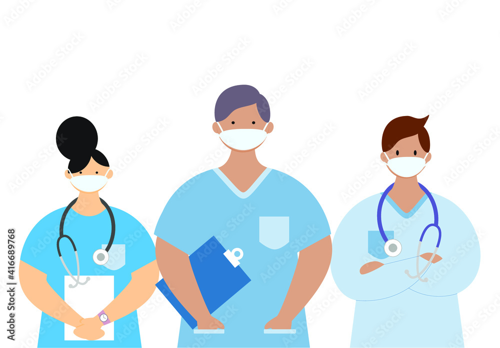 Vector illustration of a medical team, group of physicians, doctors wearing face masks.