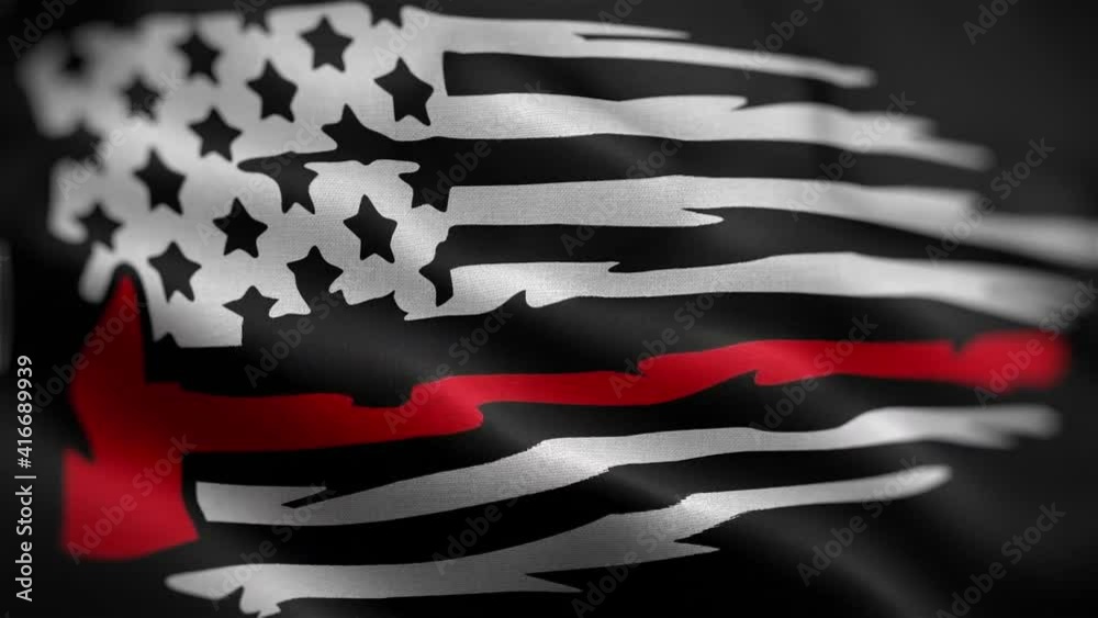 Frontal view of the Thin Red Line Fire Fighter's Ax Flag flapping in HD.