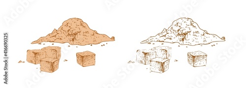 Colored heap of brown sugar and outlined sketch of scattered powder and cubes of sugarcane granules. Contoured hand-drawn vector illustration isolated on white background