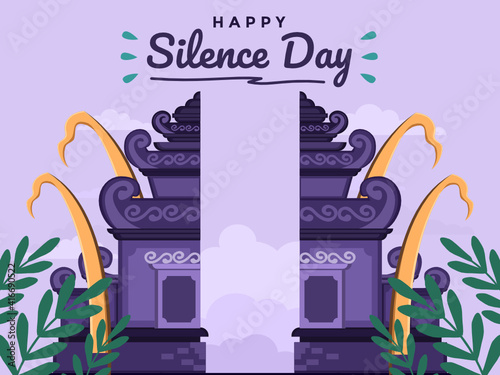 Day Of Silence And Hindu New Year Of Saka in bali indonesia Flat Illustration with traditional architecture. Selamat hari raya nyepi tahun baru saka translate : Happy Day of Silence and New Year saka