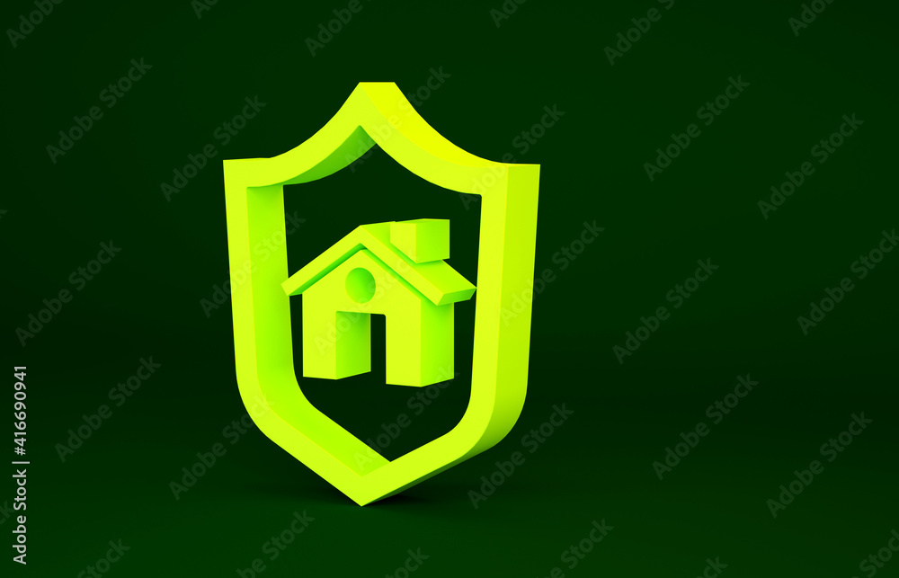 Yellow House with shield icon isolated on green background. Insurance concept. Security, safety, protection, protect concept. Minimalism concept. 3d illustration 3D render. Yellow House with shield icon isolated on green background. Insurance concept. Security, safety, protection, protect concept. Minimalism concept. 3d illustration 3D render.