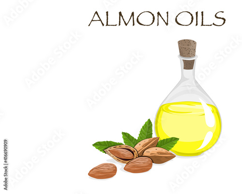 Isolated a glass bottle of almond oils and seeds with leaves decoration on white background. Close up hand drawing natural ingredients vector illustration.
