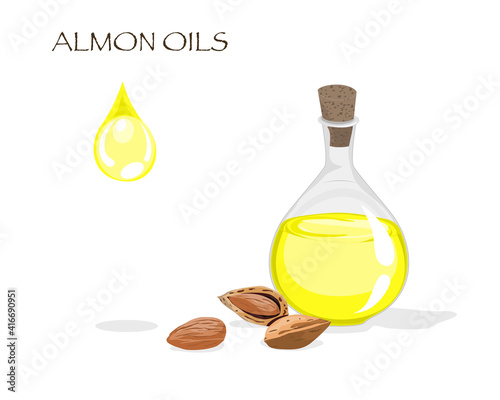 Isolated a drop of almond oils and glass bottle with seeds on white background. Close up hand drawing natural ingredients vector illustration.