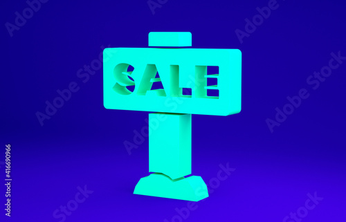 Green Hanging sign with text Sale icon isolated on blue background. Signboard with text Sale. Minimalism concept. 3d illustration 3D render. © vector_v