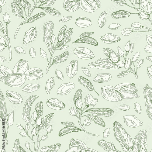 Seamless pistachio pattern with nuts  shells  branches and leaves. Monochrome design of endless monochrome background with pistaches. Hand-drawn colored vector illustration for printing