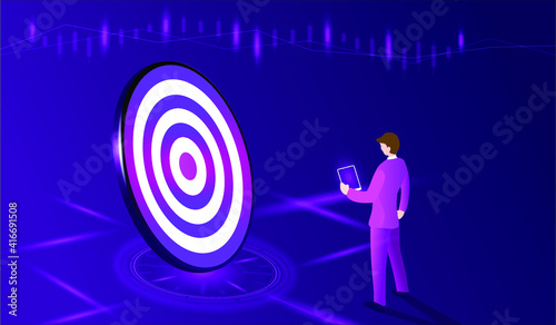 oncept achieving goal Three dimensional concept vector illustration of business goals Target board The achievement of the goals is a symbol of success and a businessman standing with an electronic 