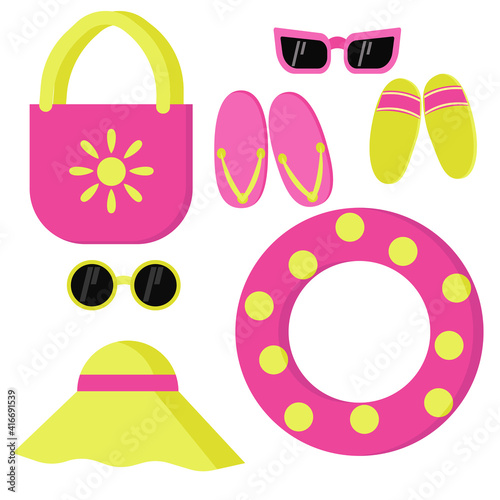 Set of bright summer objects for beach holidays, yellow roses accessories isolated on white
