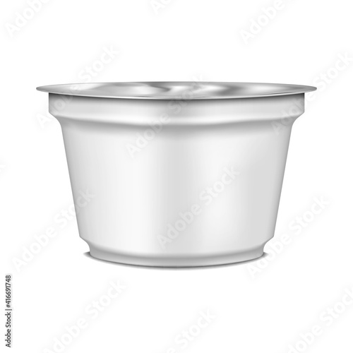 Plastic yogurt container with peel off lid, vector mock-up. Yoghurt, sour cream, ice cream or other dairy product blank white package with foil cover, mockup. Template for design