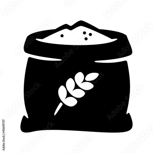 Sack of flour ears of wheat flat icon. Open bagful vector illustration