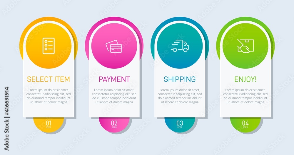 Concept of shopping process with 4 successive steps. Four colorful graphic elements. Timeline design for brochure, presentation, web site. Infographic design layout. Concept of shopping process with 4 successive steps. Four colorful graphic elements. Timeline design for brochure, presentation, web site. Infographic design layout.