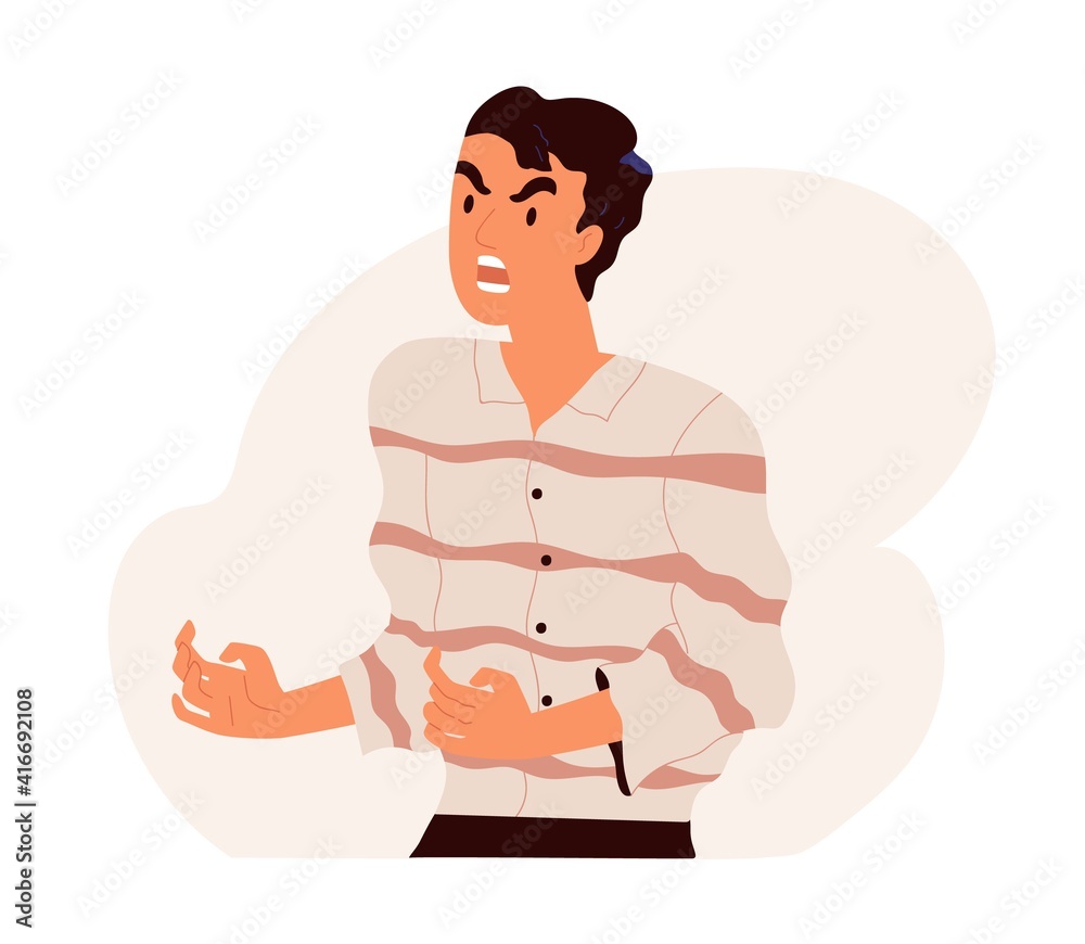 Furious angry man shouting and screaming with rage. Outraged guy with aggressive face expression scolding and yelling in anger. Colored flat vector illustration isolated on white background Furious angry man shouting and screaming with rage. Outraged guy with aggressive face expression scolding and yelling in anger. Colored flat vector illustration isolated on white background