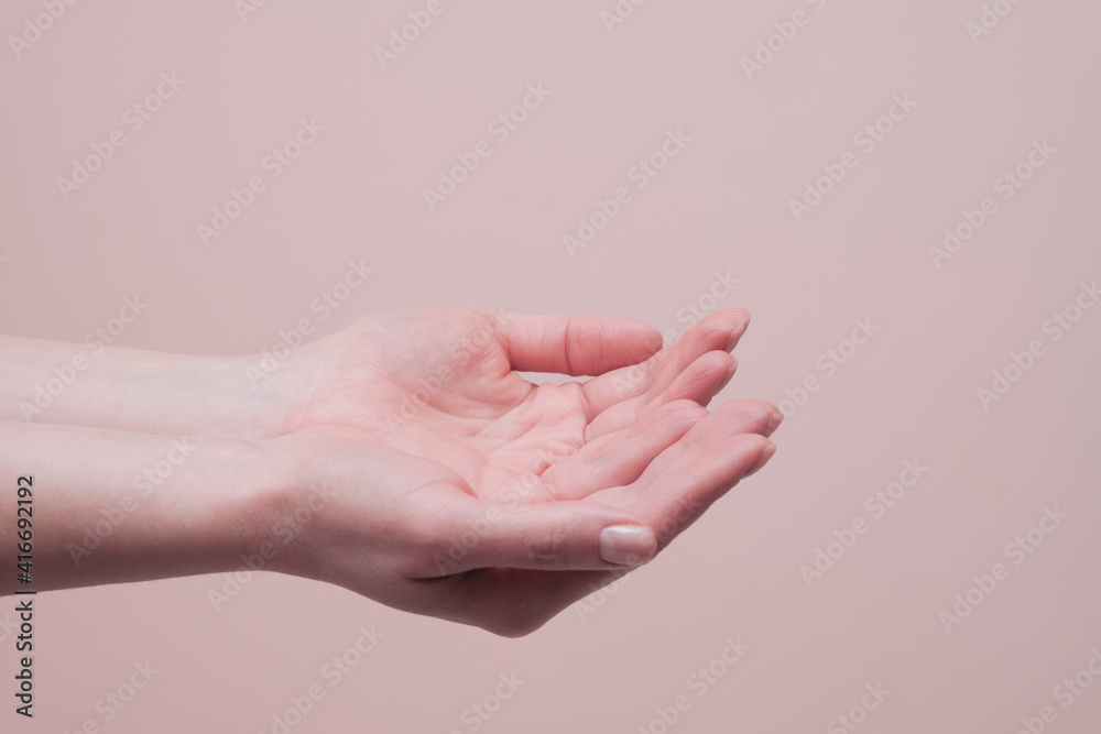 Fototapeta premium Empty open hand palms holding something gesture. Closeup, copy space. Hand signs communication concept